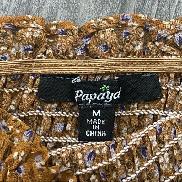 Papaya Floral Top Cross Back Ruffle Square Neck Smocked Medium - Picture 7 of 10